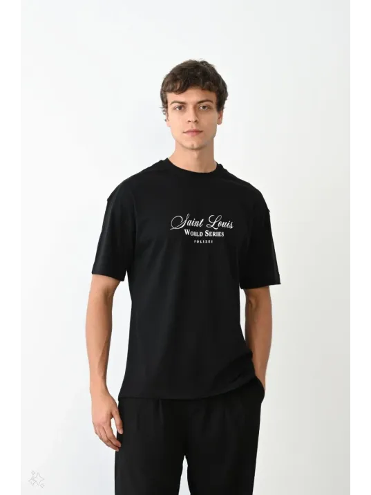 Unisex Bisiklet Yaka Baskılı Oversize T-Shirt - Siyah Unisex Bisiklet Yaka Baskılı Oversize T-Shirt - Siyah