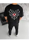 Unisex Bisiklet Yaka Baskılı Oversize T-shirt - Siyah