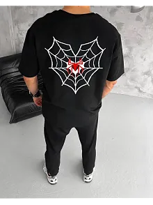 Unisex Bisiklet Yaka Baskılı Oversize T-shirt - Siyah