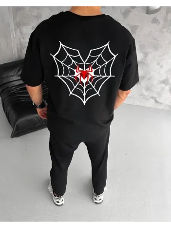 Unisex Bisiklet Yaka Baskılı Oversize T-Shirt - Siyah Unisex Bisiklet Yaka Baskılı Oversize T-Shirt - Siyah