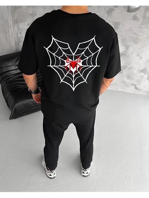 Unisex Bisiklet Yaka Baskılı Oversize T-shirt - Siyah