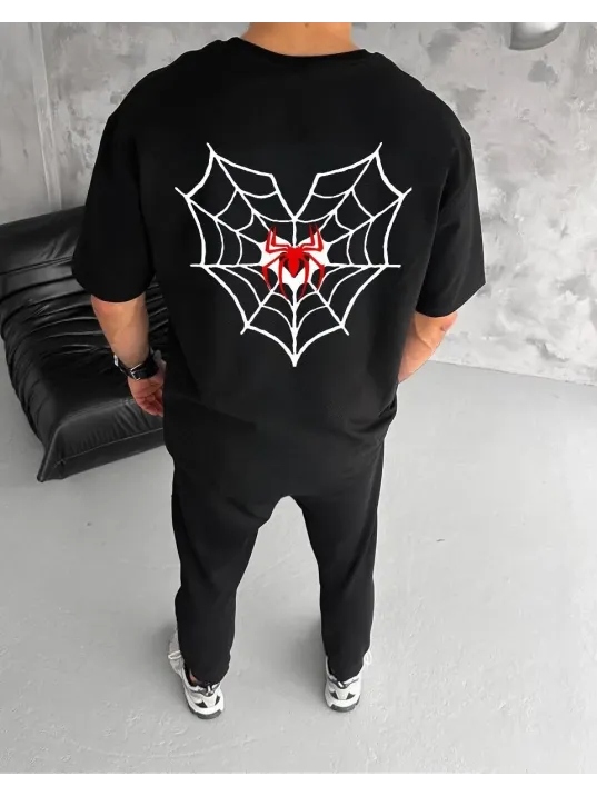 Unisex Bisiklet Yaka Baskılı Oversize T-Shirt - Siyah Unisex Bisiklet Yaka Baskılı Oversize T-Shirt - Siyah