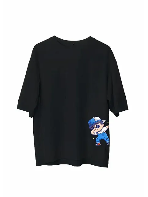 Unisex Bisiklet Yaka Baskılı Oversize T-shirt - Siyah
