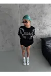 Unisex Bisiklet Yaka Baskılı Oversize T-shirt - Siyah