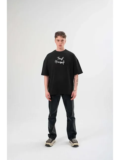 Unisex Bisiklet Yaka Baskılı Oversize T-shirt - Siyah
