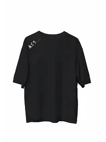 Unisex Bisiklet Yaka Baskılı Oversize T-shirt - Siyah