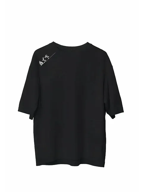 Unisex Bisiklet Yaka Baskılı Oversize T-shirt - Siyah