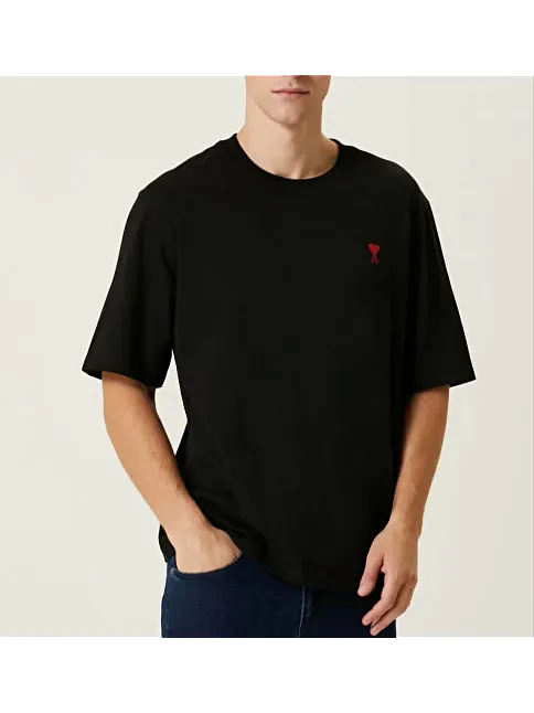 Unisex Bisiklet Yaka Baskılı Oversize T-shirt - Siyah