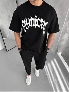 Unisex Bisiklet Yaka Baskılı Oversize T-shirt - Siyah
