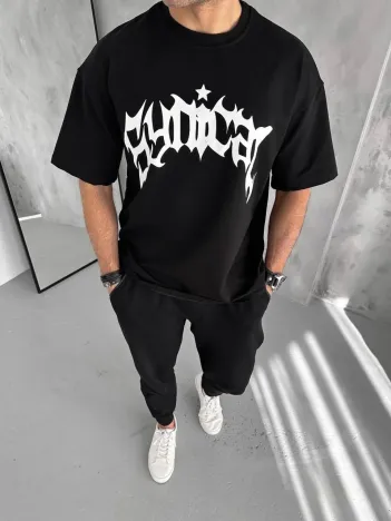 Unisex Bisiklet Yaka Baskılı Oversize T-Shirt - Siyah Unisex Bisiklet Yaka Baskılı Oversize T-Shirt - Siyah