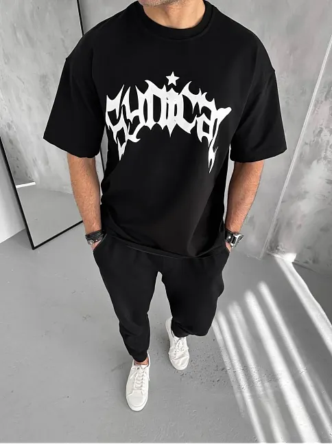 Unisex Bisiklet Yaka Baskılı Oversize T-shirt - Siyah