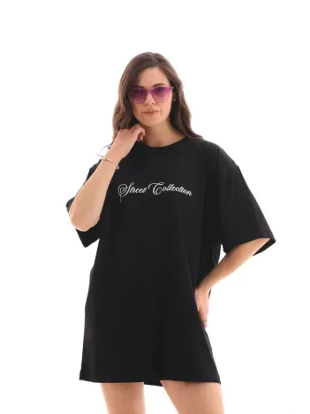 Unisex Bisiklet Yaka Baskılı Oversize T-shirt - Siyah