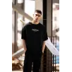 Unisex Bisiklet Yaka Baskılı Oversize T-Shirt - Siyah