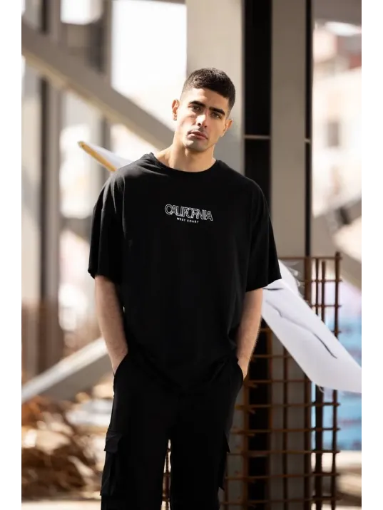 Unisex Bisiklet Yaka Baskılı Oversize T-Shirt - Siyah