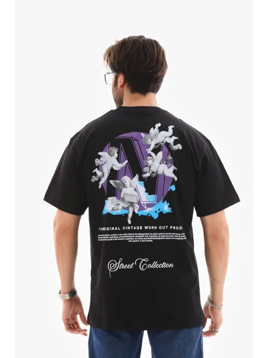 Unisex Bisiklet Yaka Baskılı Oversize T-shirt - Siyah