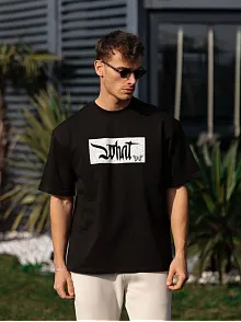 Unisex Bisiklet Yaka Baskılı Oversize T-shirt - Siyah
