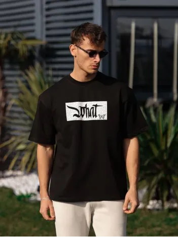 Unisex Bisiklet Yaka Baskılı Oversize T-Shirt - Siyah Unisex Bisiklet Yaka Baskılı Oversize T-Shirt - Siyah