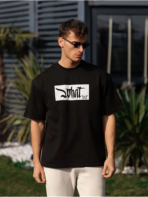 Unisex Bisiklet Yaka Baskılı Oversize T-shirt - Siyah