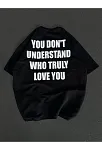 Unisex Bisiklet Yaka Baskılı Oversize T-shirt - Siyah