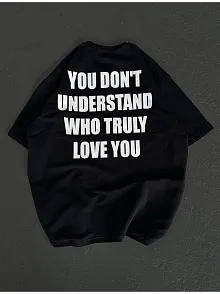 Unisex Bisiklet Yaka Baskılı Oversize T-shirt - Siyah