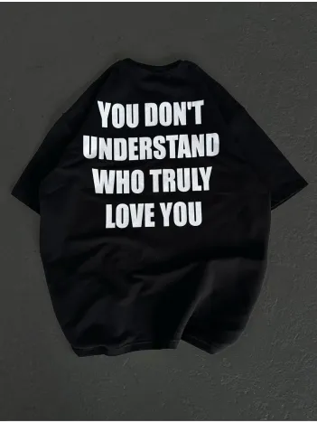 Unisex Bisiklet Yaka Baskılı Oversize T-Shirt - Siyah Unisex Bisiklet Yaka Baskılı Oversize T-Shirt - Siyah