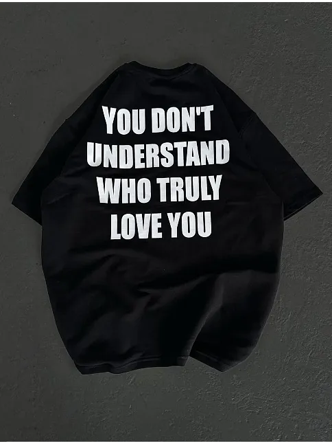 Unisex Bisiklet Yaka Baskılı Oversize T-shirt - Siyah