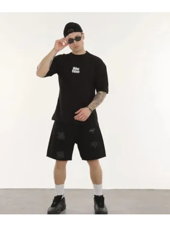 Unisex Bisiklet Yaka Baskılı Oversize T-shirt - Siyah