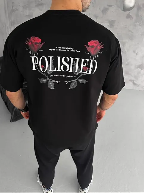Unisex Bisiklet Yaka Baskılı Oversize T-shirt - Siyah