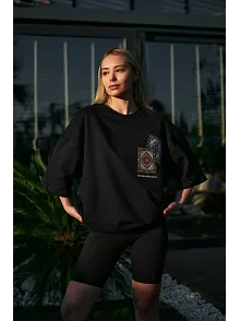 Unisex Bisiklet Yaka Baskılı Oversize T-shirt - Siyah