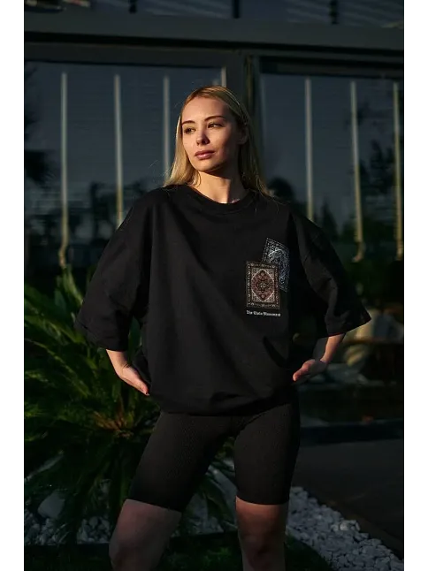 Unisex Bisiklet Yaka Baskılı Oversize T-shirt - Siyah