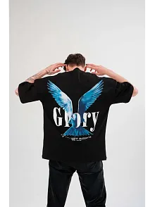 Unisex Bisiklet Yaka Baskılı Oversize T-shirt - Siyah