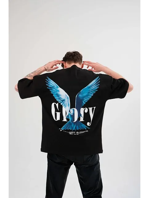 Unisex Bisiklet Yaka Baskılı Oversize T-shirt - Siyah