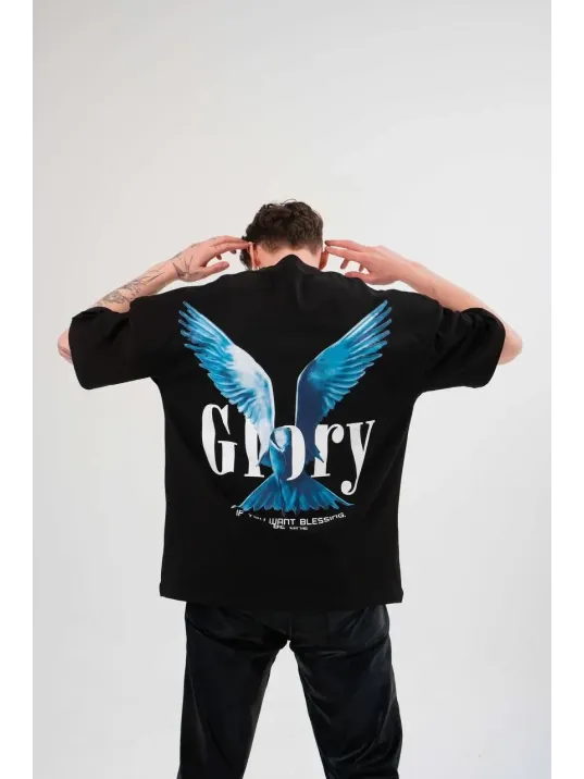 Unisex Bisiklet Yaka Baskılı Oversize T-Shirt - Siyah