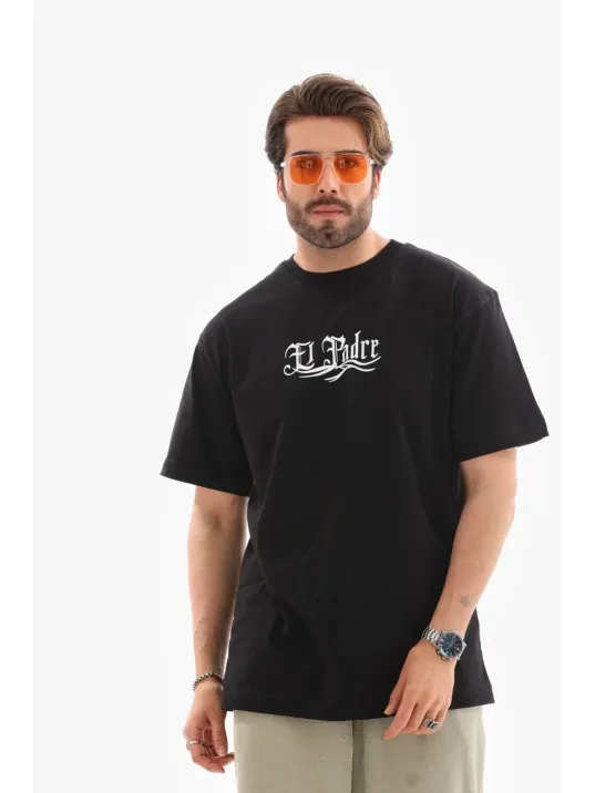Unisex Bisiklet Yaka Baskılı Oversize T-Shirt - Siyah Unisex Bisiklet Yaka Baskılı Oversize T-Shirt - Siyah