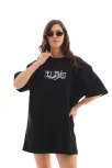 Unisex Bisiklet Yaka Baskılı Oversize T-shirt - Siyah
