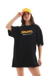Unisex Bisiklet Yaka Baskılı Oversize T-shirt - Siyah
