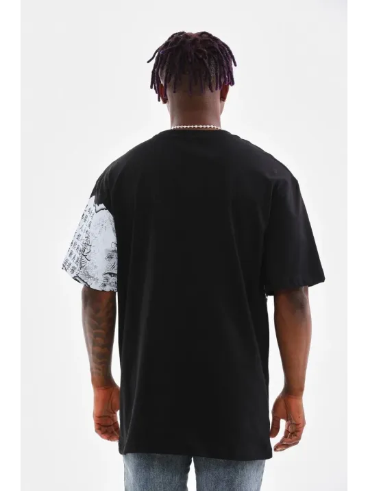 Unisex Bisiklet Yaka Baskılı Oversize T-Shirt - Siyah Unisex Bisiklet Yaka Baskılı Oversize T-Shirt - Siyah