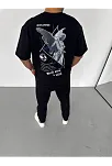 Unisex Bisiklet Yaka Baskılı Oversize T-shirt - Siyah