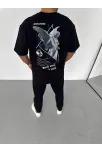 Unisex Bisiklet Yaka Baskılı Oversize T-shirt - Siyah