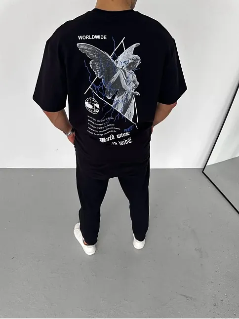 Unisex Bisiklet Yaka Baskılı Oversize T-shirt - Siyah