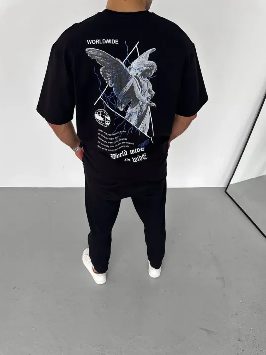 Unisex Bisiklet Yaka Baskılı Oversize T-Shirt - Siyah Unisex Bisiklet Yaka Baskılı Oversize T-Shirt - Siyah