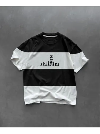 Unisex Bisiklet Yaka Baskılı Parçalı Oversize T-Shirt - Siyah Unisex Bisiklet Yaka Baskılı Parçalı Oversize T-Shirt - Siyah