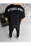 Unisex Bisiklet Yaka Baskılı Oversize T-shirt - Siyah
