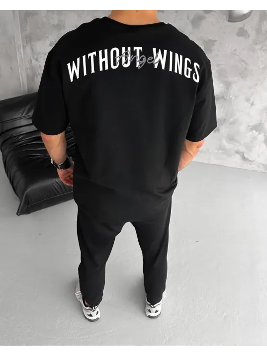 Unisex Bisiklet Yaka Baskılı Oversize T-Shirt - Siyah