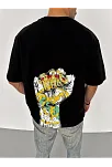Unisex Bisiklet Yaka Baskılı Oversize T-shirt - Siyah