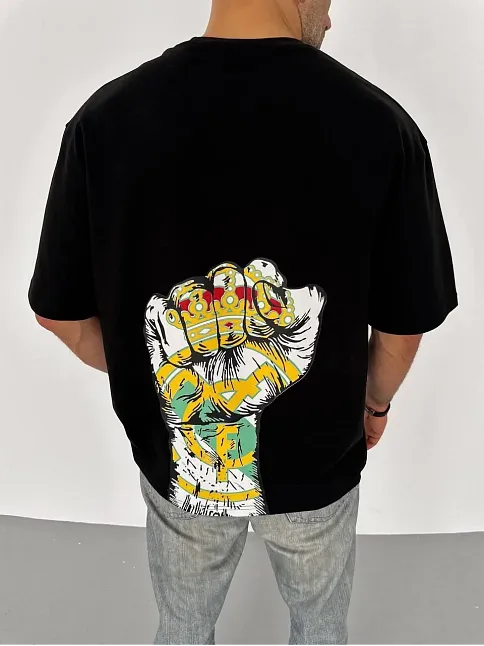 Unisex Bisiklet Yaka Baskılı Oversize T-shirt - Siyah