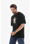 Unisex Bisiklet Yaka Baskılı Oversize T-shirt - Siyah