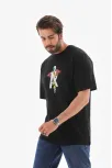 Unisex Bisiklet Yaka Baskılı Oversize T-shirt - Siyah