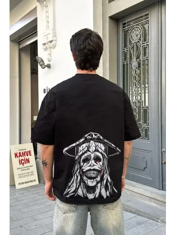 Unisex Bisiklet Yaka Baskılı Oversize T-Shirt - Siyah Unisex Bisiklet Yaka Baskılı Oversize T-Shirt - Siyah