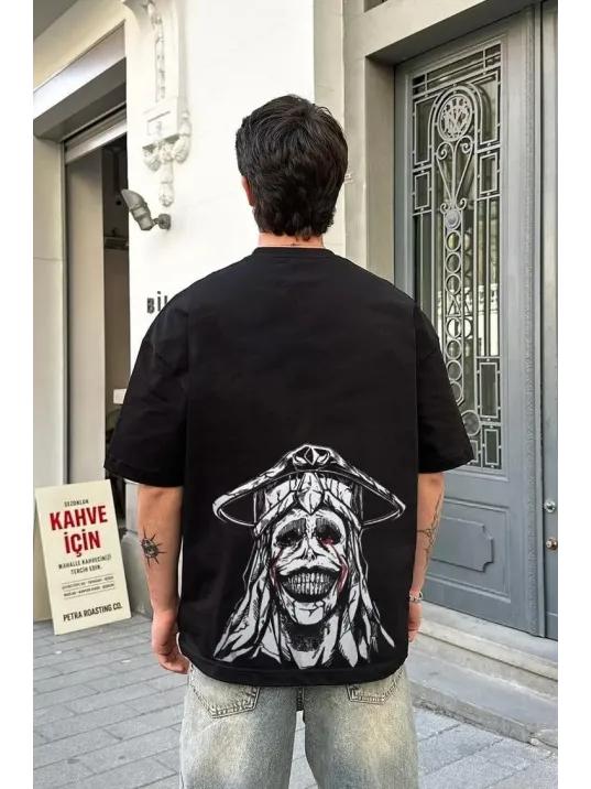 Unisex Bisiklet Yaka Baskılı Oversize T-Shirt - Siyah